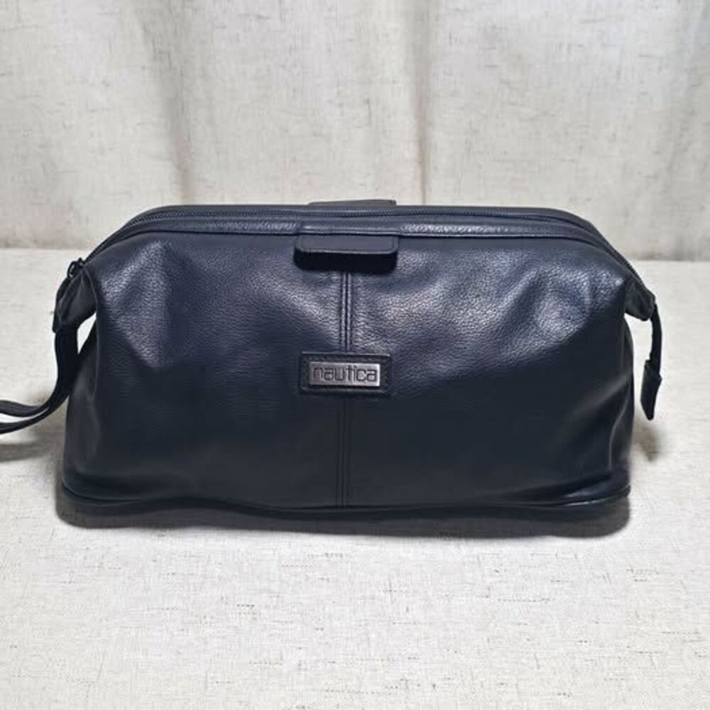 Nautica Black Leather Travel Toiletry Bag Zip Dopp Kit